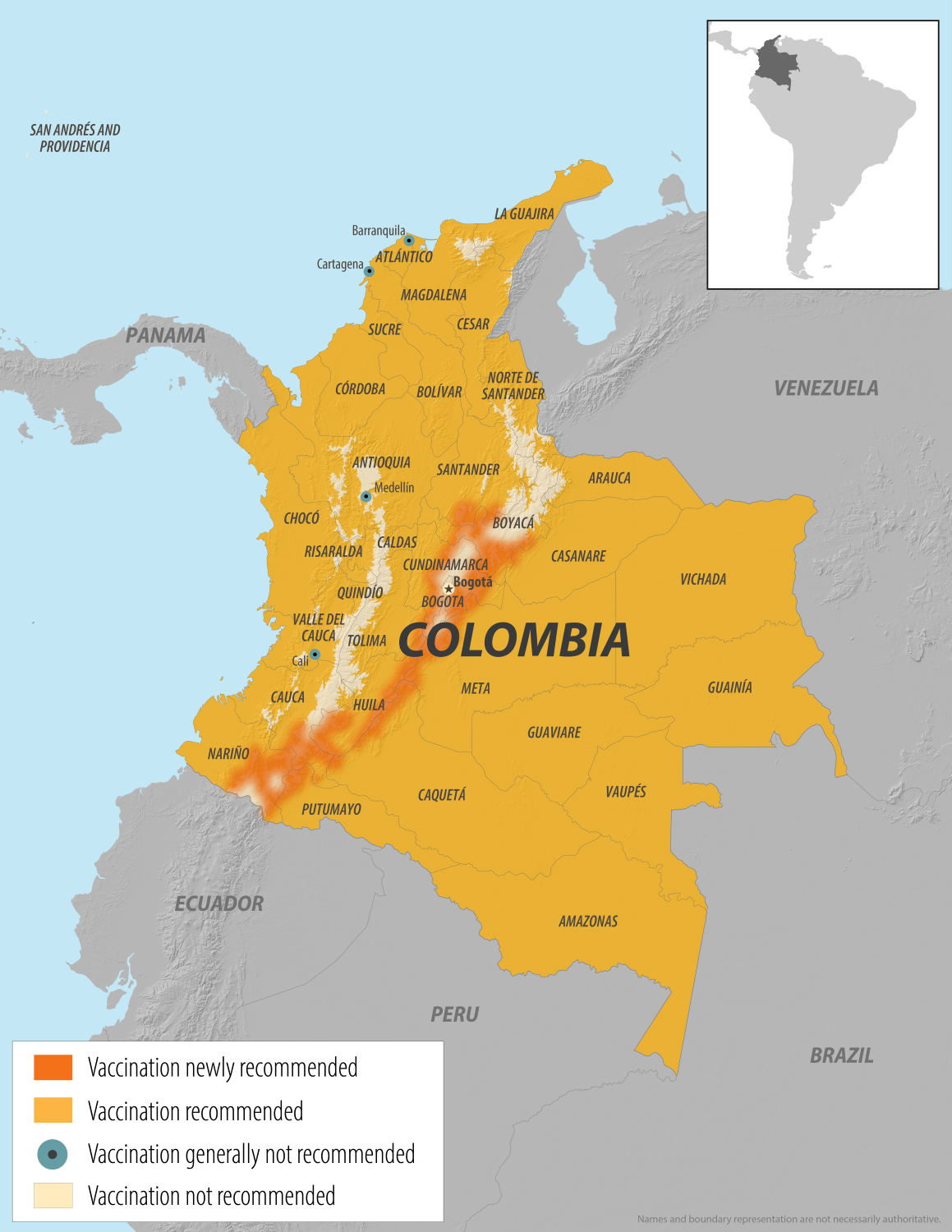 Map showing areas of Colombia where yellow fever is recommended or may be considered