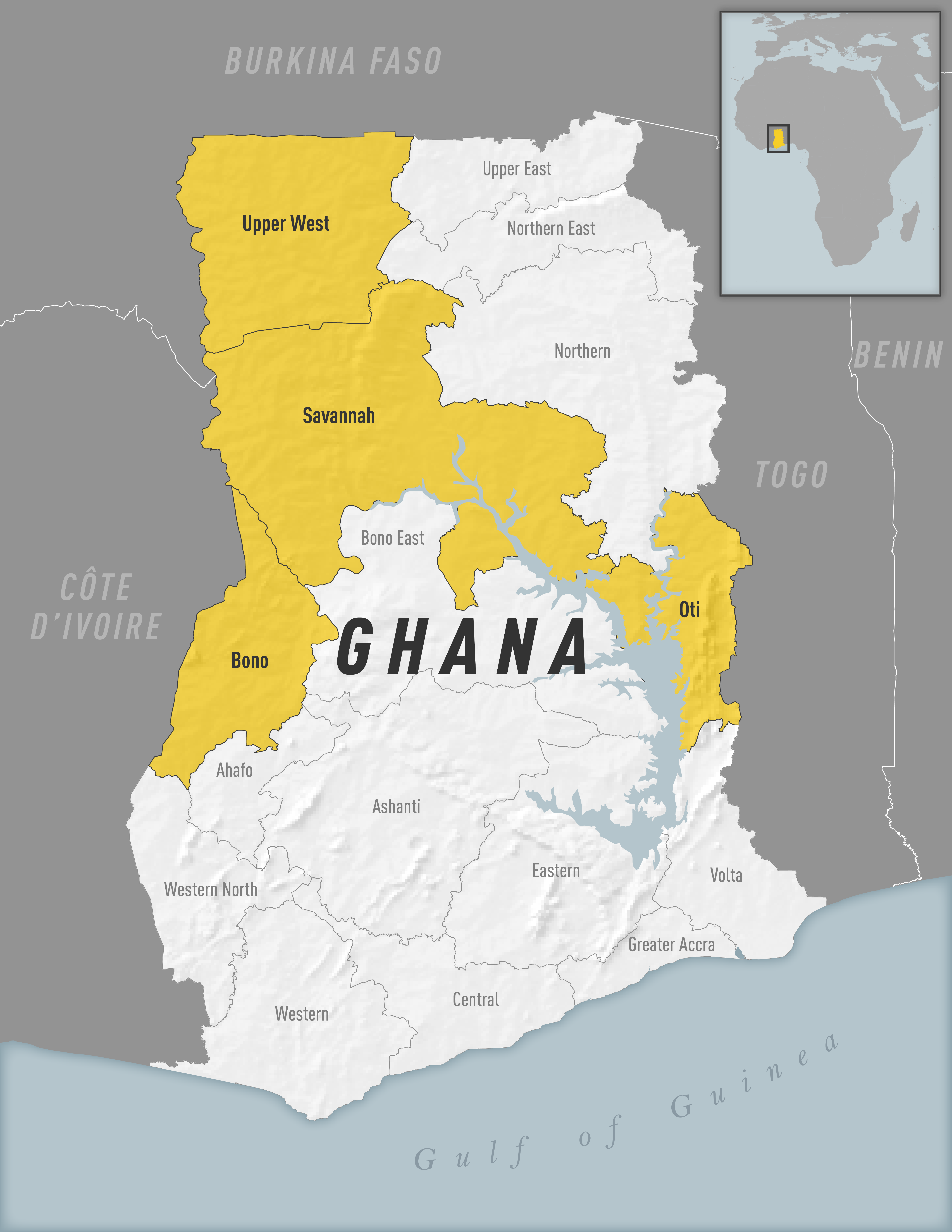 Map of yellow fever outbreak area in Ghana