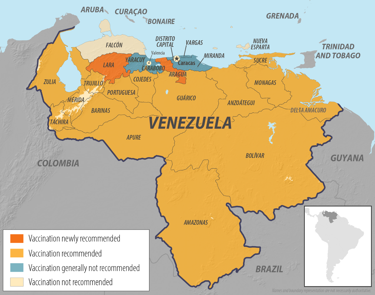 Map of Venezuela showing areas where yellow fever vaccination is recommended